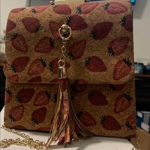 Strawberry Print Tan Crossbody Bag